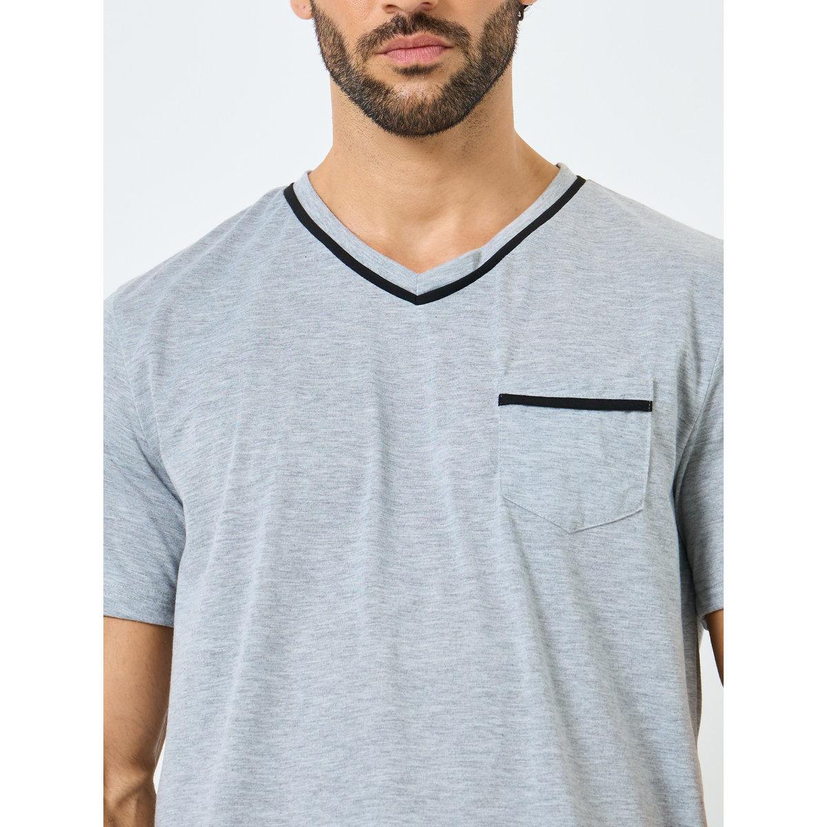 Styli Men Grey V Neck T-Shirt and Piping Detail Shorts Set-men-clothing-nightwear-sets-image-3