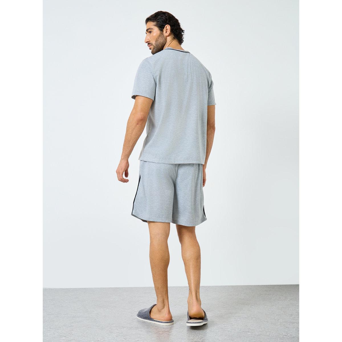 Styli Men Grey V Neck T-Shirt and Piping Detail Shorts Set-men-clothing-nightwear-sets-image-5