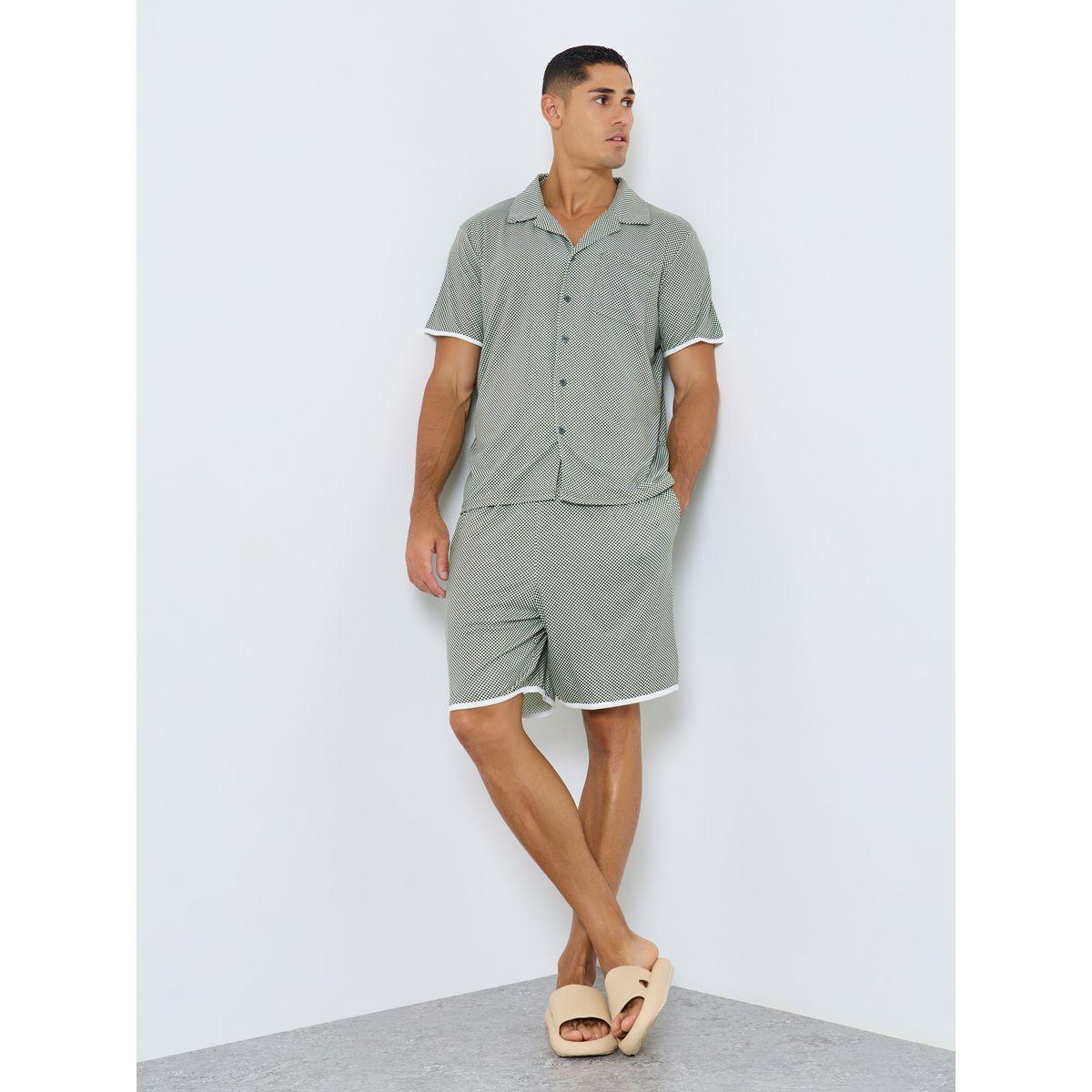 Styli Men Green Checked Print Knit Shirt and Shorts Set-men-clothing-nightwear-sets-image-1