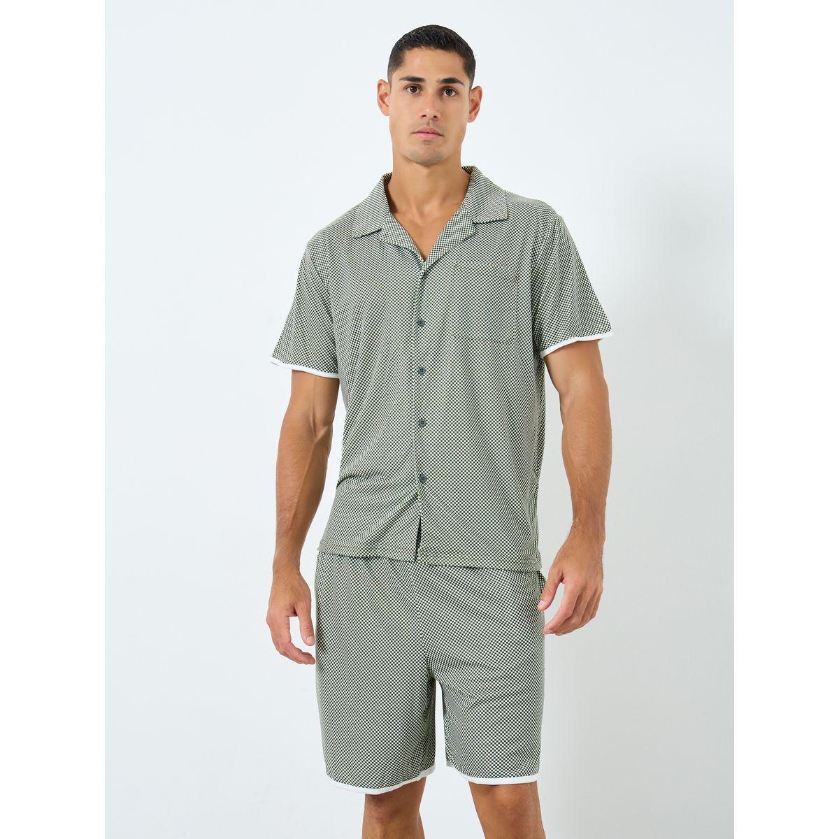 Styli Men Green Checked Print Knit Shirt and Shorts Set-men-clothing-nightwear-sets-image-2