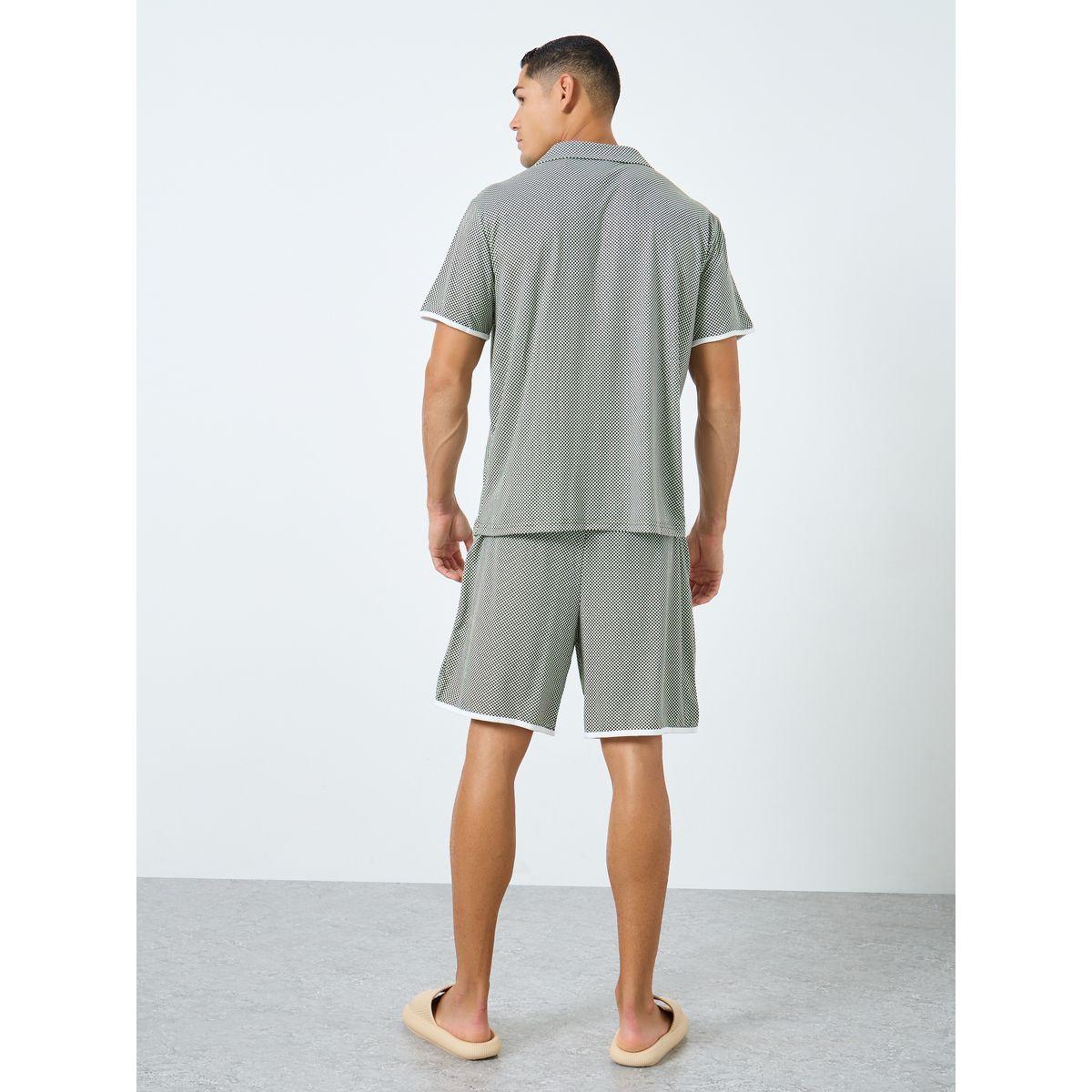 Styli Men Green Checked Print Knit Shirt and Shorts Set-men-clothing-nightwear-sets-image-4