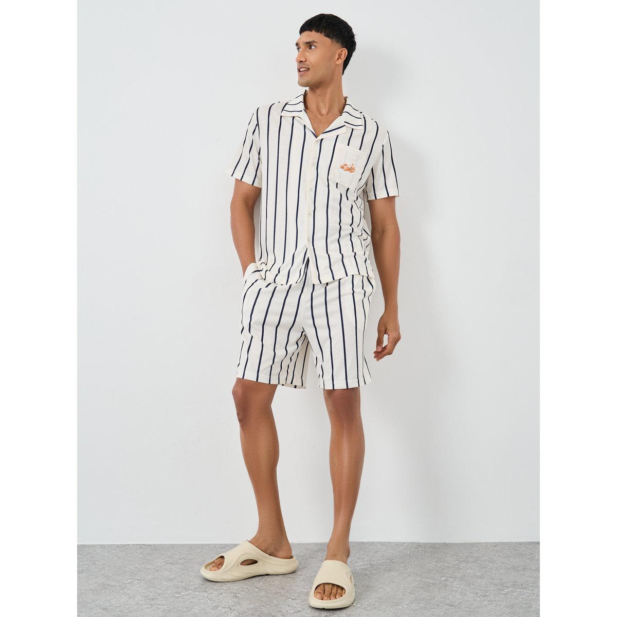 Styli Men Cream Striped Resort Collar Shirt and Shorts Set-men-clothing-nightwear-sets-image-1