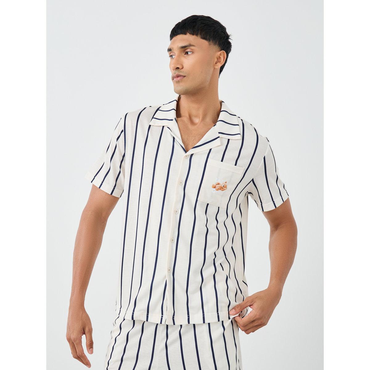 Styli Men Cream Striped Resort Collar Shirt and Shorts Set-men-clothing-nightwear-sets-image-2