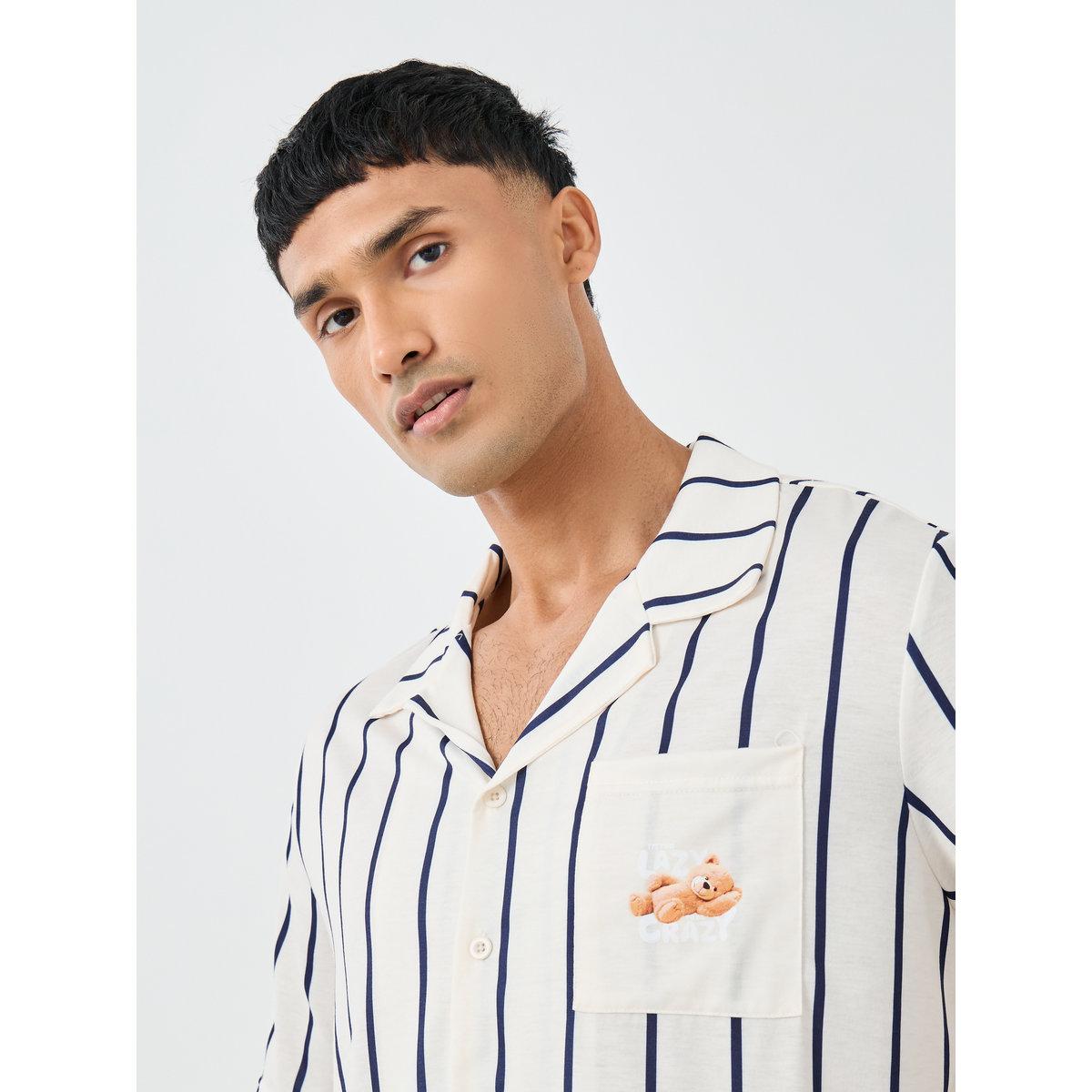 Styli Men Cream Striped Resort Collar Shirt and Shorts Set-men-clothing-nightwear-sets-image-3