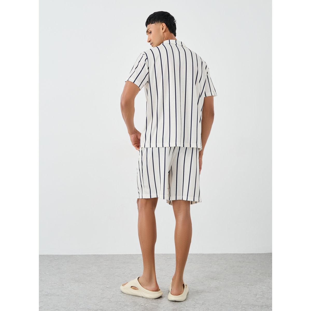 Styli Men Cream Striped Resort Collar Shirt and Shorts Set-men-clothing-nightwear-sets-image-4