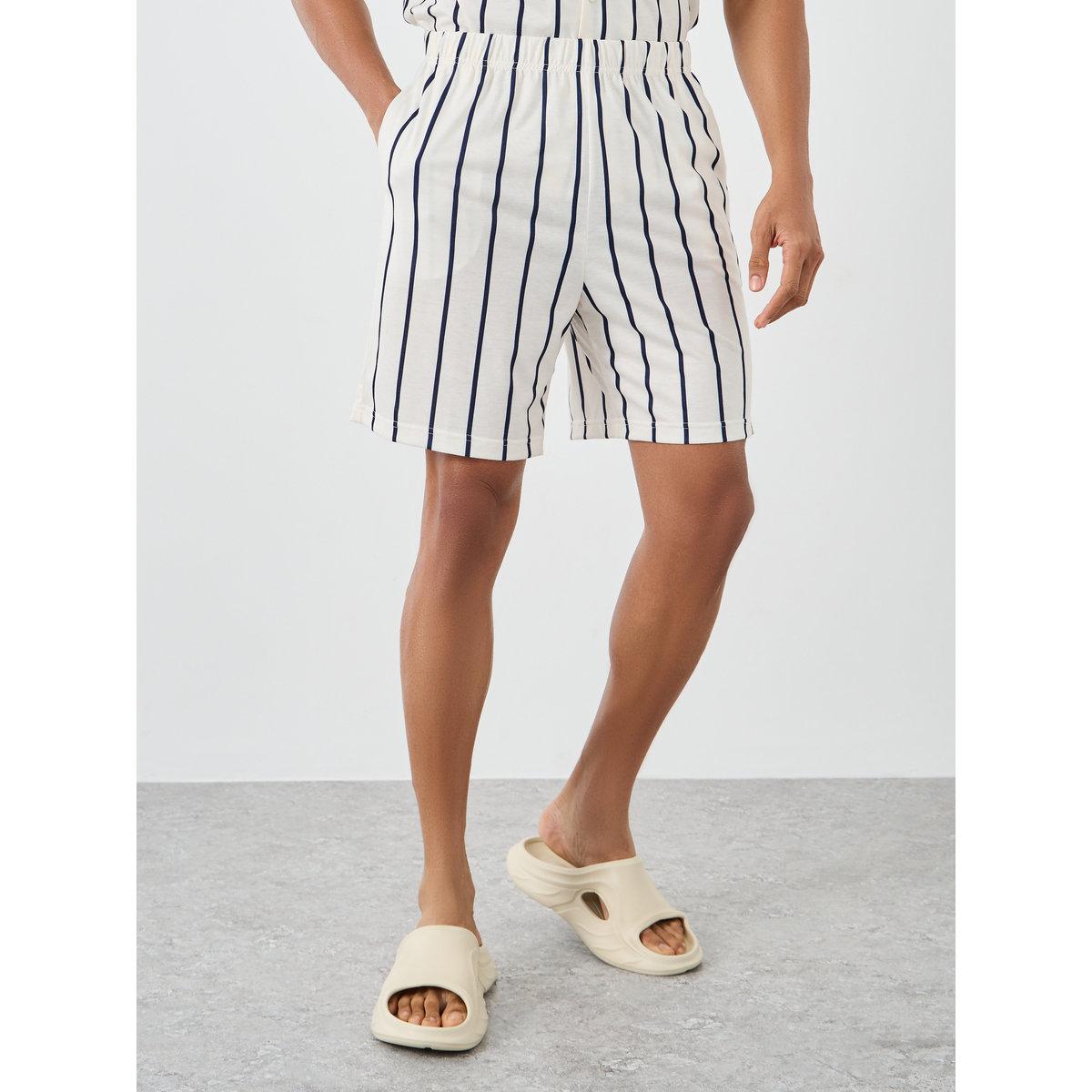 Styli Men Cream Striped Resort Collar Shirt and Shorts Set-men-clothing-nightwear-sets-image-5
