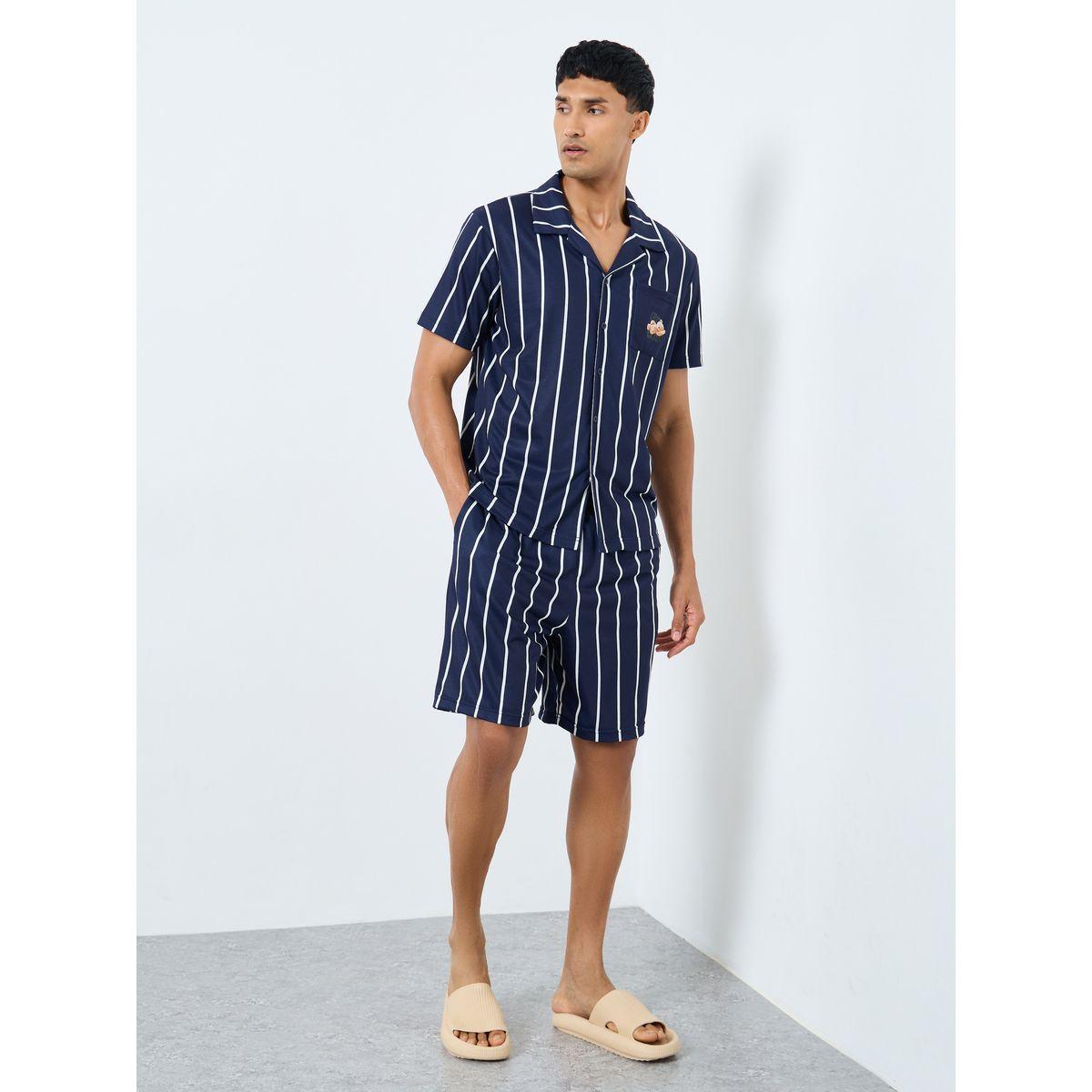 مجموعة من شورت وقميص مخططة بياقة ريزورت-men-clothing-nightwear-sets-image-1
