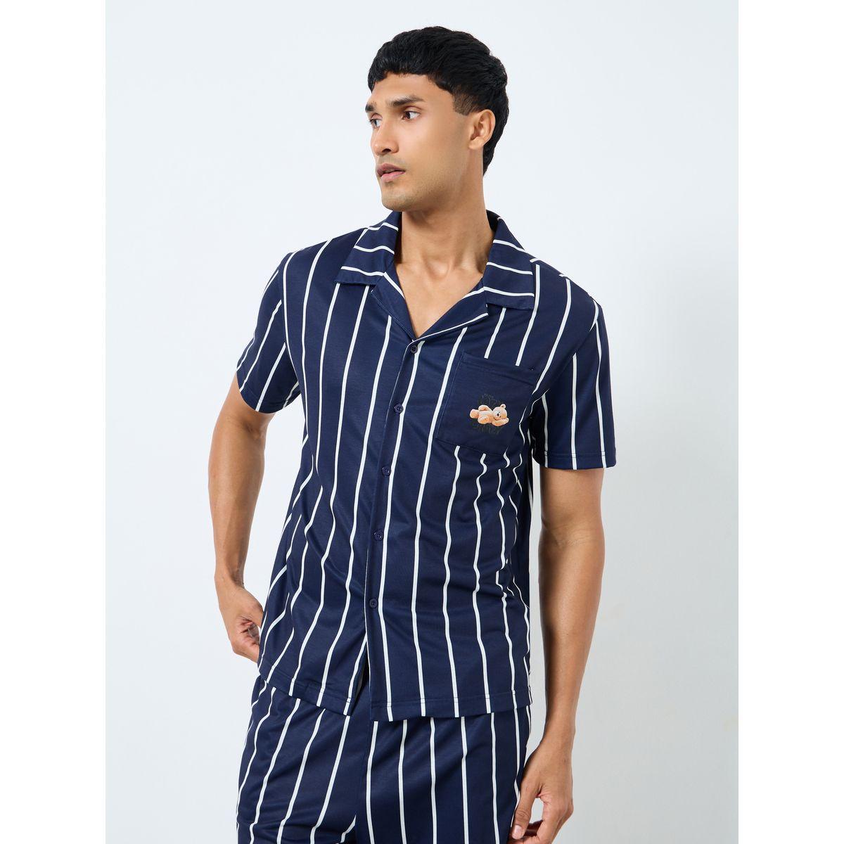 Styli Men Navy Blue Striped Resort Collar Shirt and Shorts Set-men-clothing-nightwear-sets-image-2