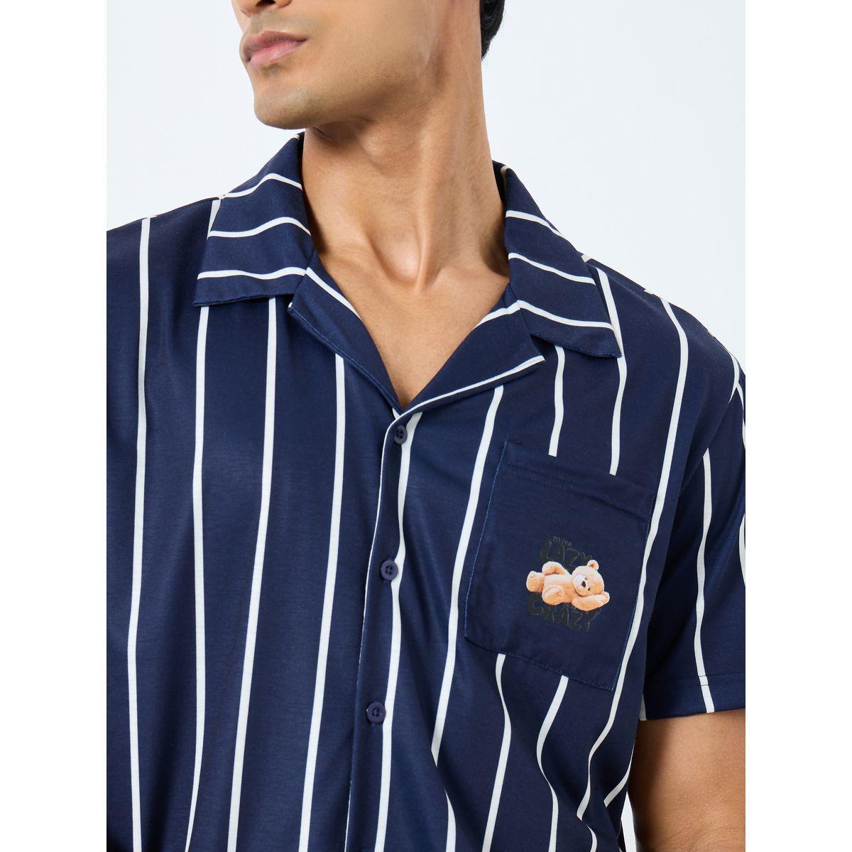 Styli Men Navy Blue Striped Resort Collar Shirt and Shorts Set-men-clothing-nightwear-sets-image-3