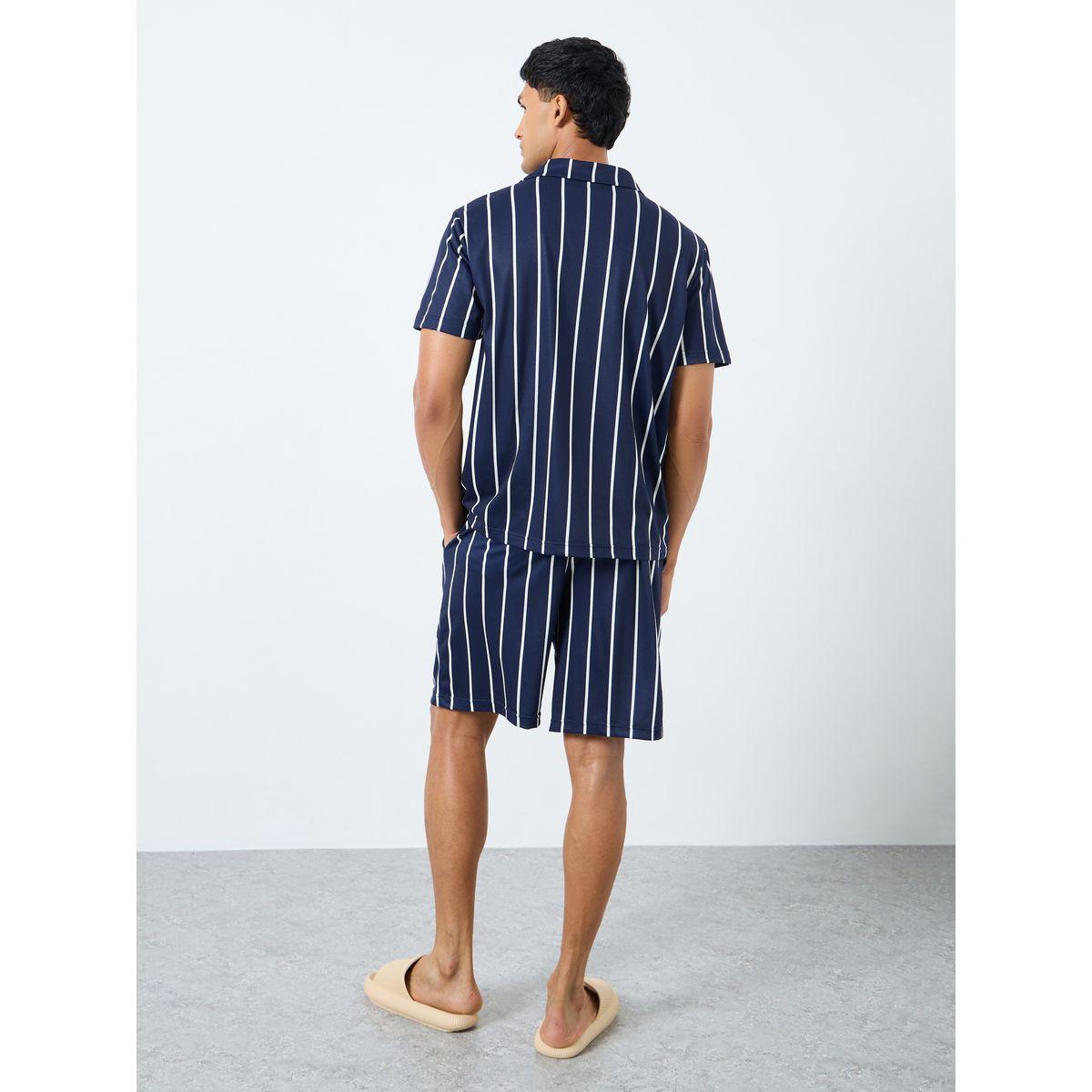 Styli Men Navy Blue Striped Resort Collar Shirt and Shorts Set-men-clothing-nightwear-sets-image-4