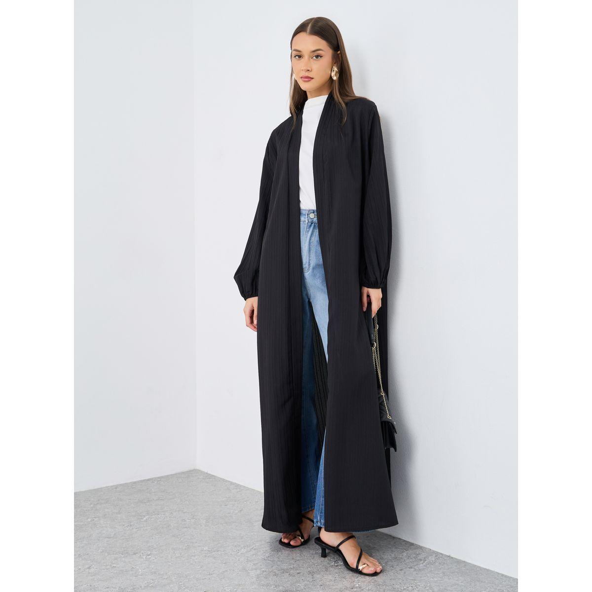 Styli Women Black Front Open Textured Abaya-women-arabicclothing-abayas-image-1