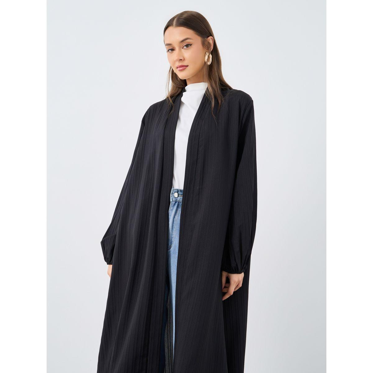 Styli Women Black Front Open Textured Abaya-women-arabicclothing-abayas-image-2