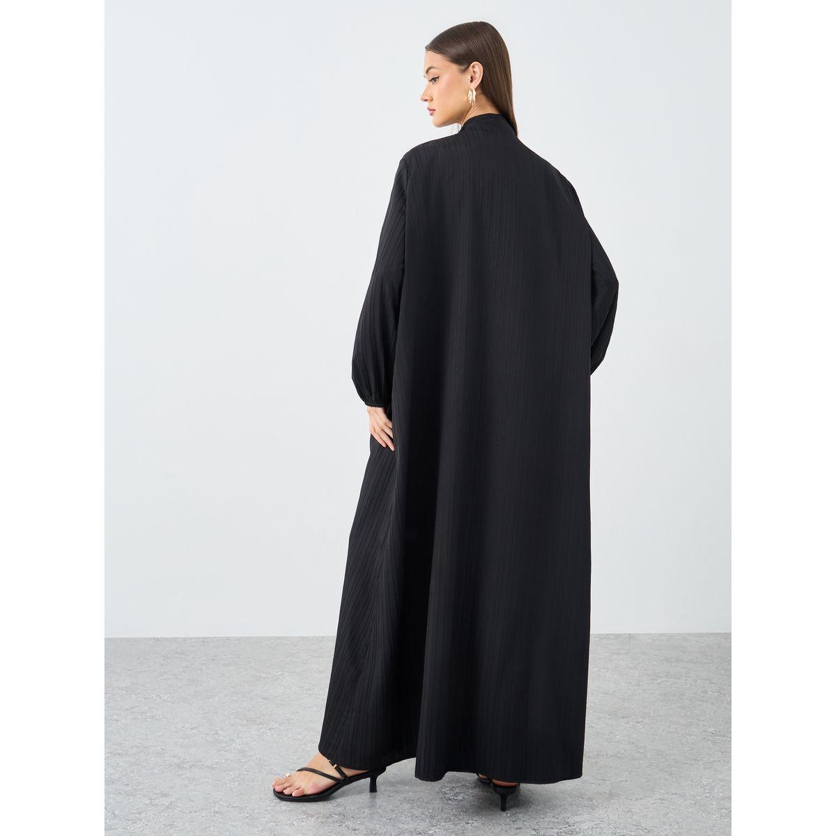 Styli Women Black Front Open Textured Abaya-women-arabicclothing-abayas-image-4