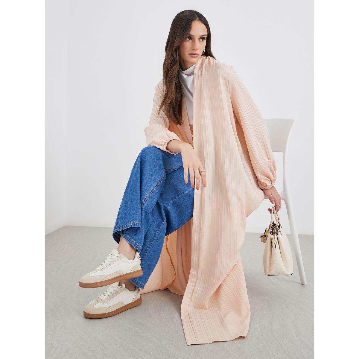 Styli Women Pink Front Open Textured Abaya-women-arabicclothing-abayas-image-1