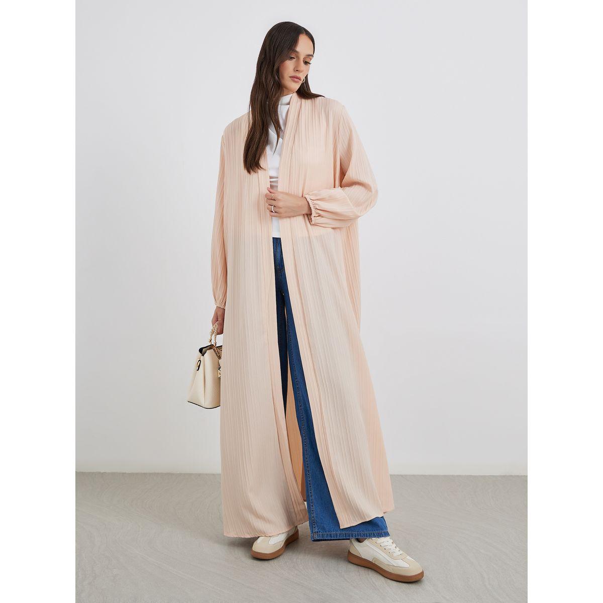 Styli Women Pink Front Open Textured Abaya-women-arabicclothing-abayas-image-2