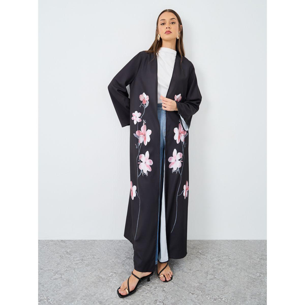 Amirah X Styli Floral Placement Print Front Open Abaya-women-arabicclothing-abayas-image-1