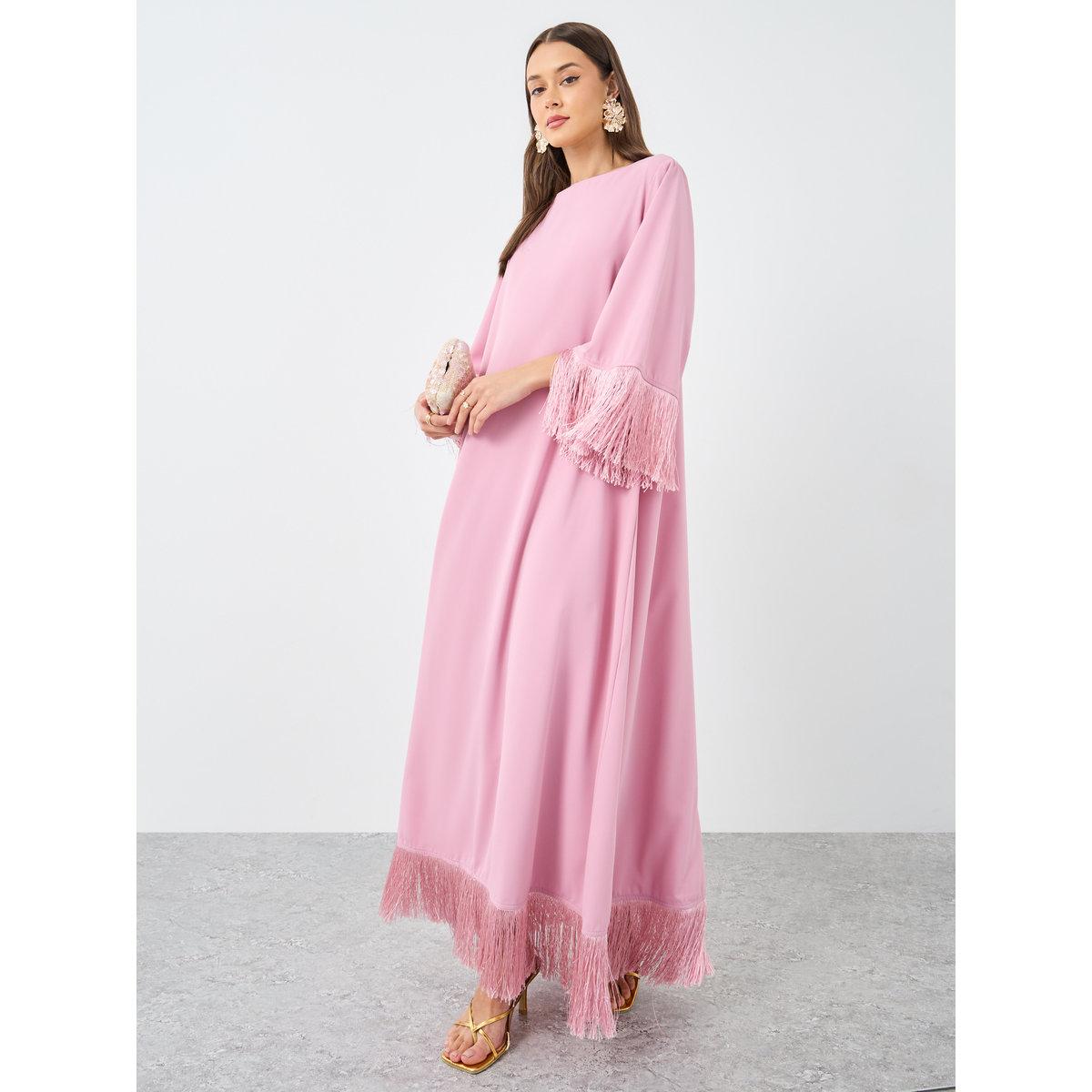 Amirah X Styli Pink Tassel Trim Jalaiya-women-arabicclothing-jalabiyas-image-1