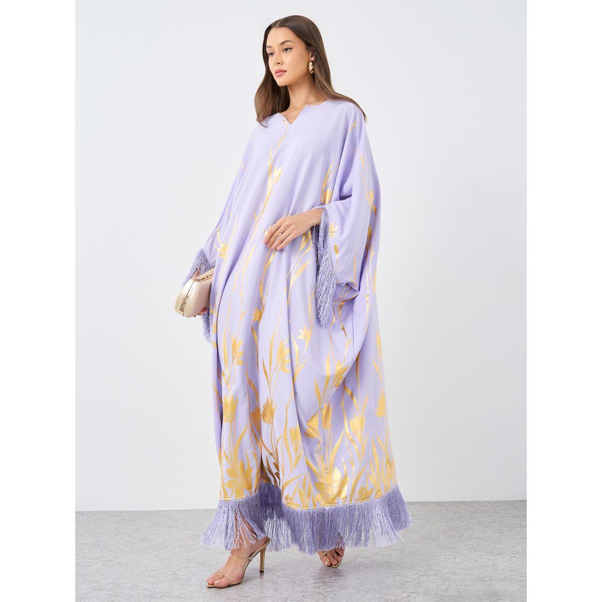 Styli Foil Print Kaftan with Tassel Trim-women-arabicclothing-kaftan-image-1