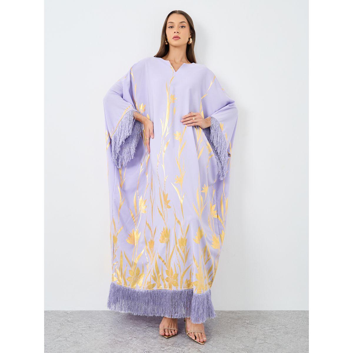 Styli Foil Print Kaftan with Tassel Trim-women-arabicclothing-kaftan-image-2