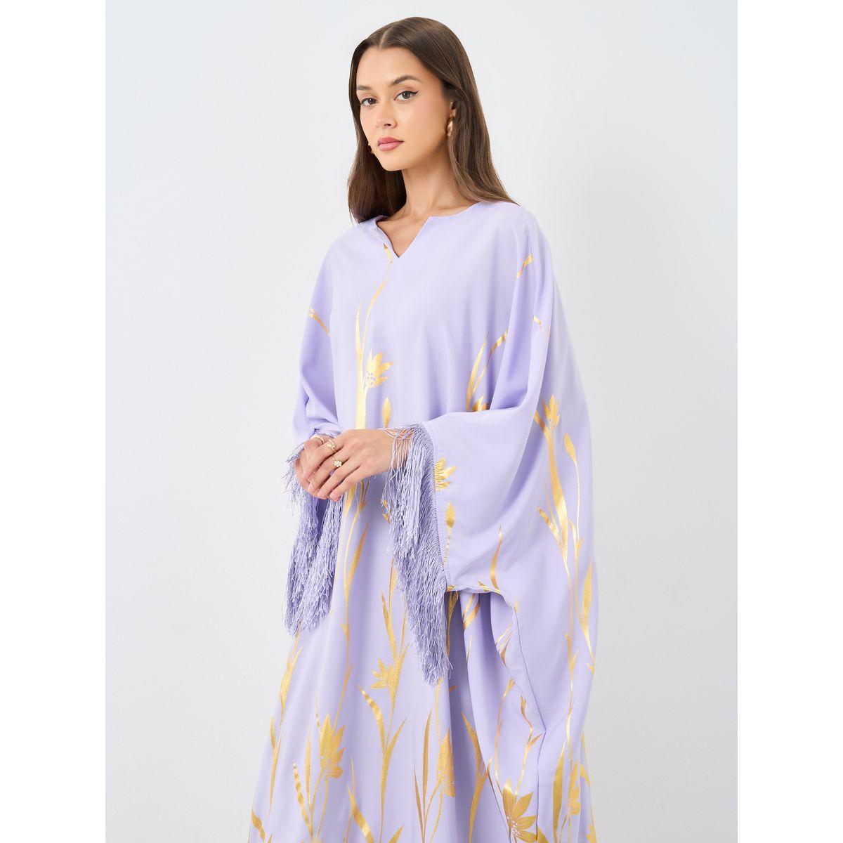 Styli Foil Print Kaftan with Tassel Trim-women-arabicclothing-kaftan-image-3