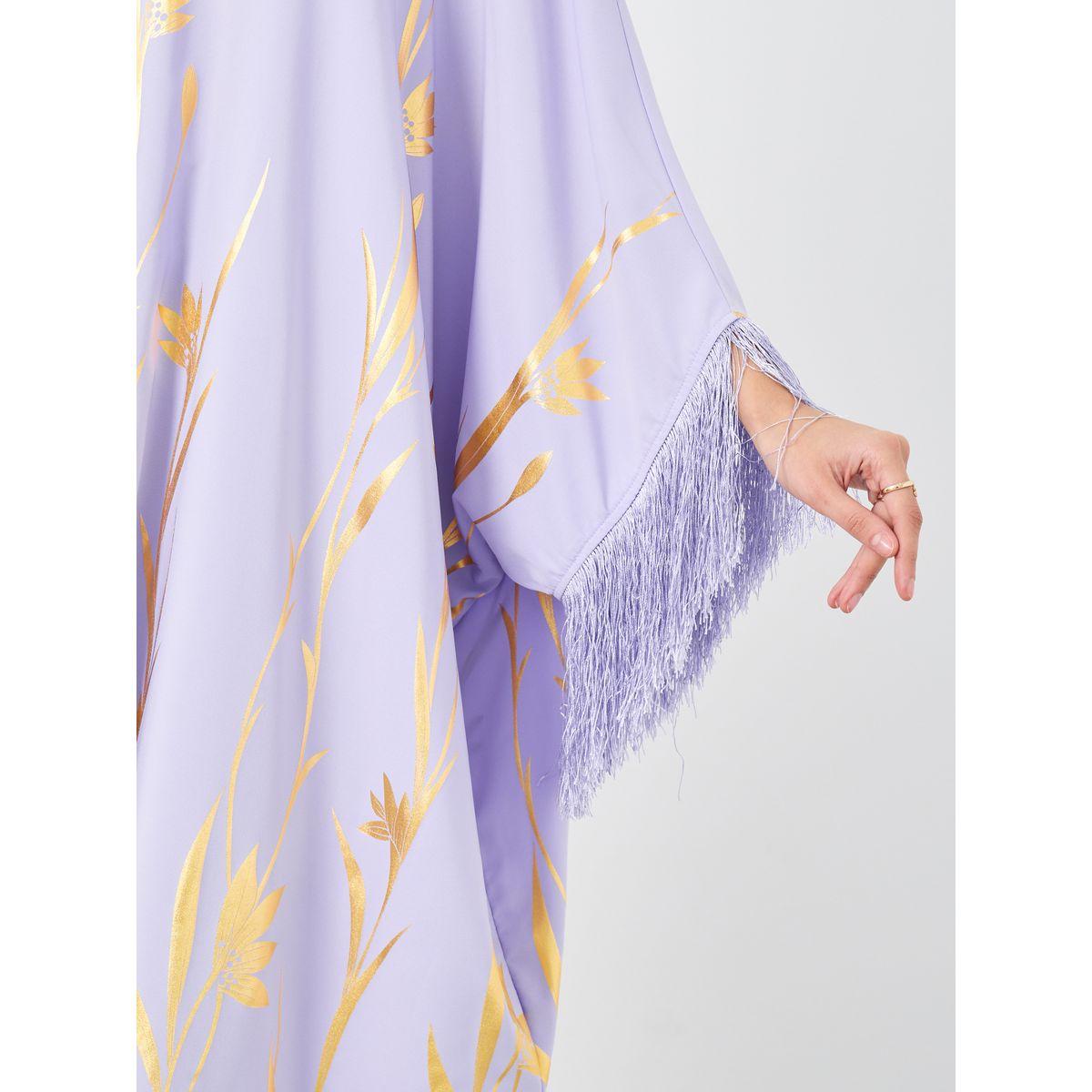 Styli Foil Print Kaftan with Tassel Trim-women-arabicclothing-kaftan-image-4