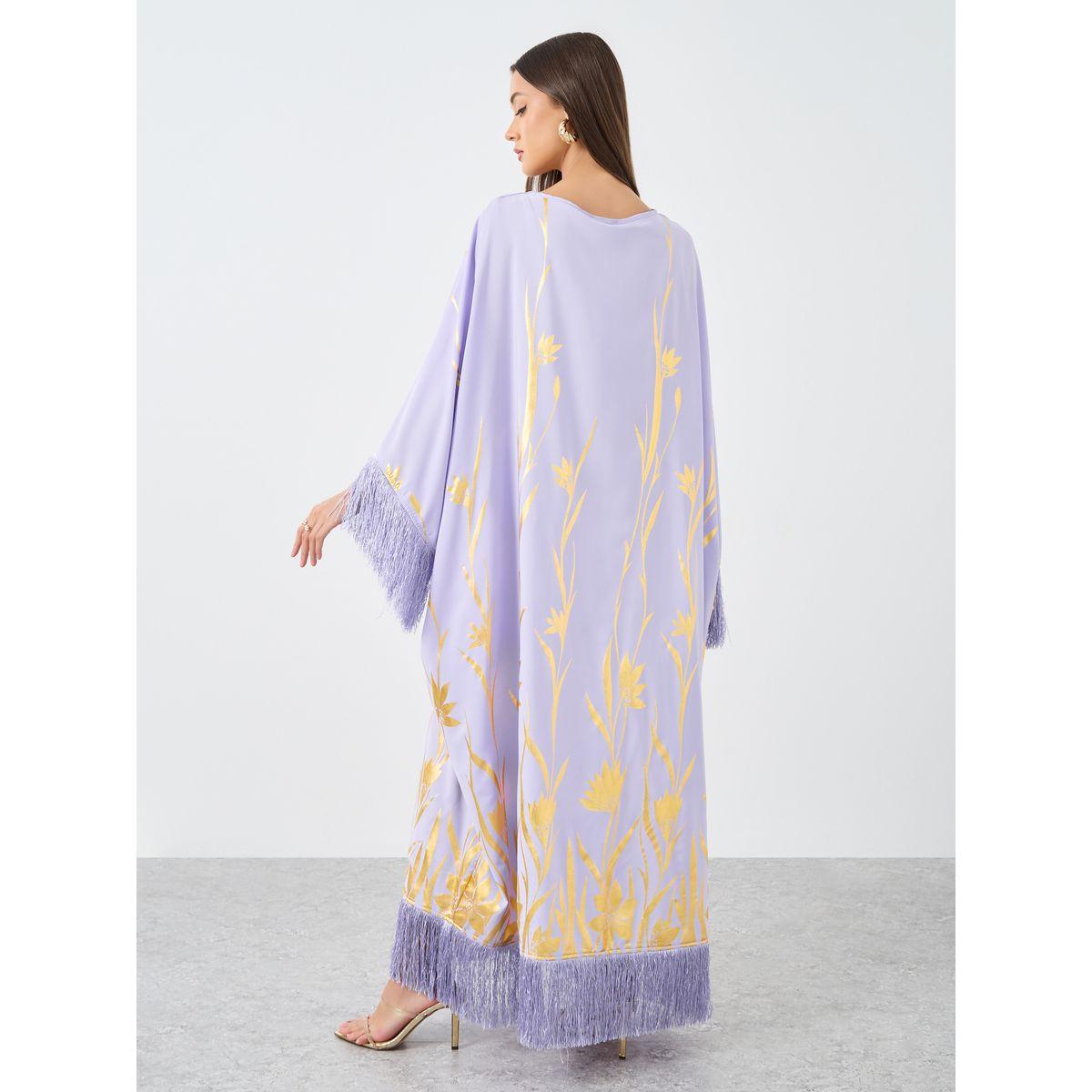 Styli Foil Print Kaftan with Tassel Trim-women-arabicclothing-kaftan-image-5