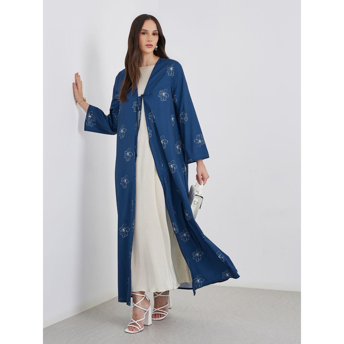 Amirah X Styli Women Navy Blue Front Tie-Up Abaya with All Over Floral Print-women-arabicclothing-abayas-image-1