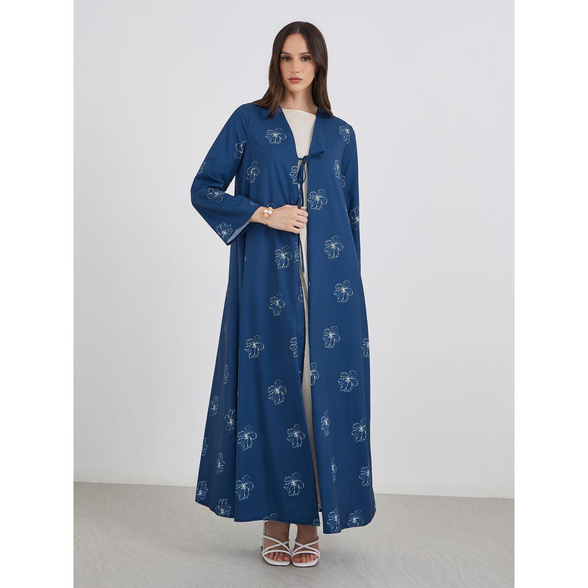 Amirah X Styli Women Navy Blue Front Tie-Up Abaya with All Over Floral Print-women-arabicclothing-abayas-image-2