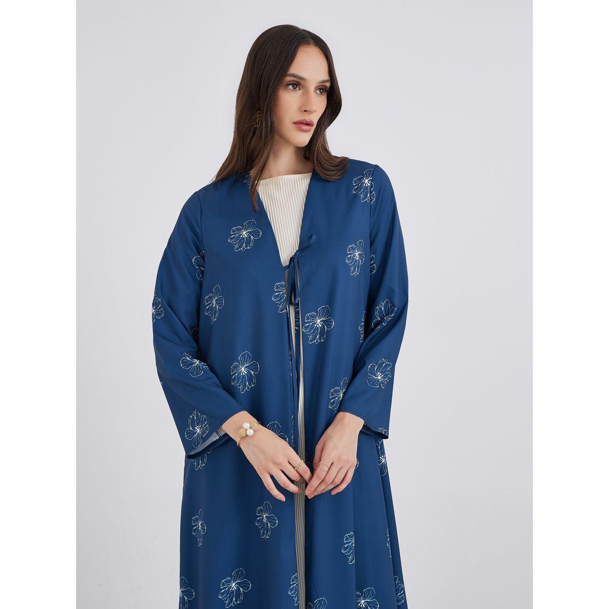 Amirah X Styli Women Navy Blue Front Tie-Up Abaya with All Over Floral Print-women-arabicclothing-abayas-image-3