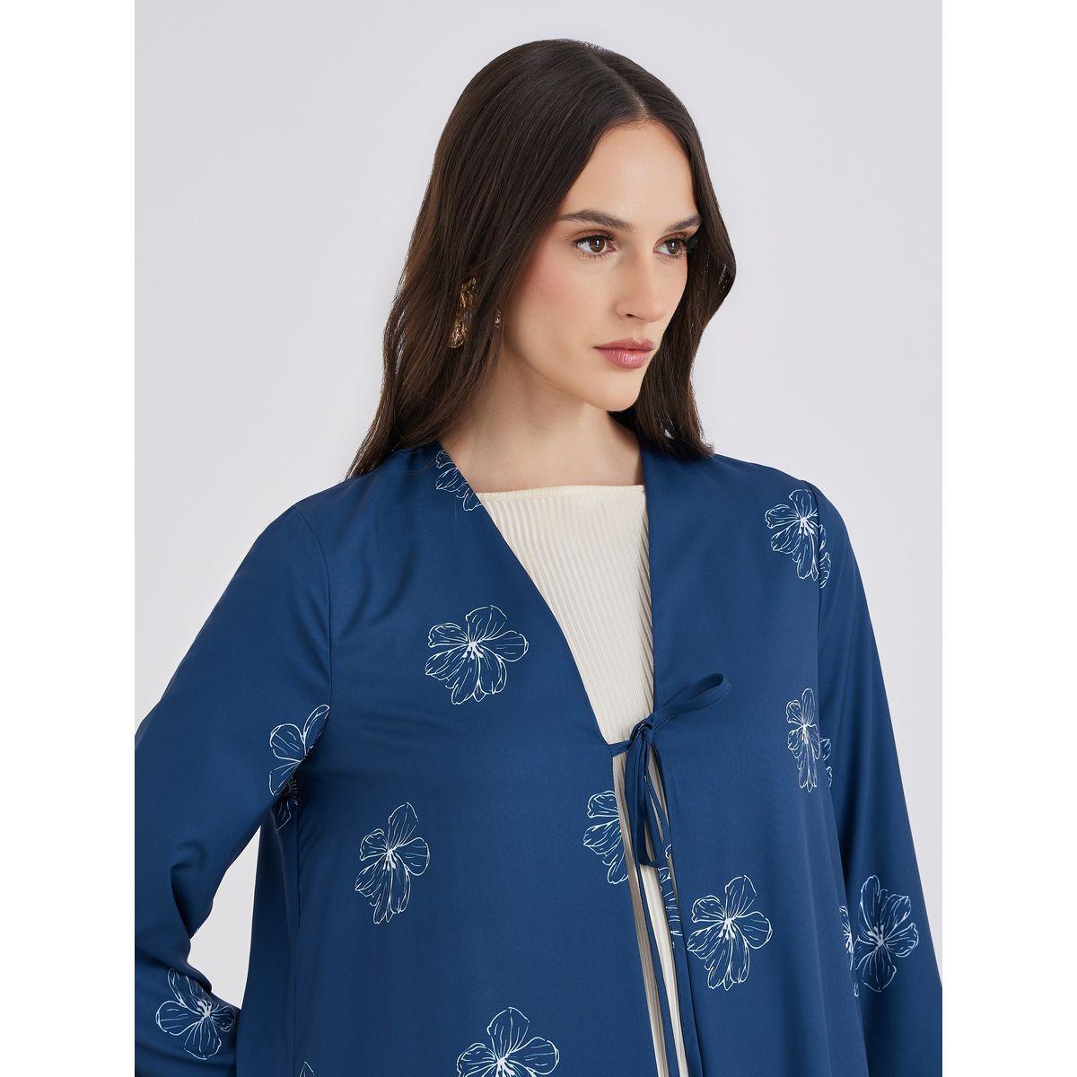 Amirah X Styli Women Navy Blue Front Tie-Up Abaya with All Over Floral Print-women-arabicclothing-abayas-image-4
