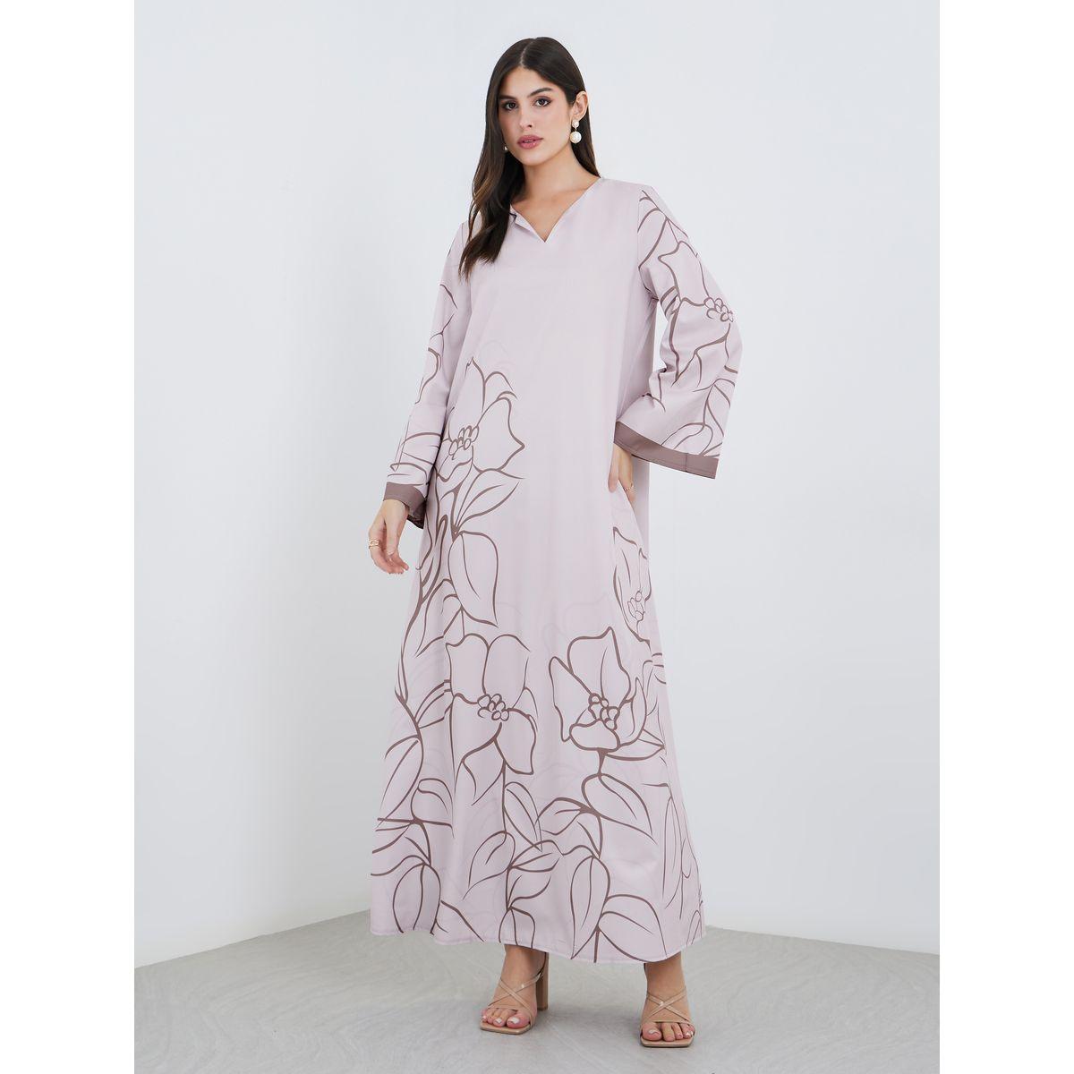 Styli Women Beige Placement Floral Print Jalabiya with Contrast Sleeve Cuff-women-arabicclothing-jalabiyas-image-1