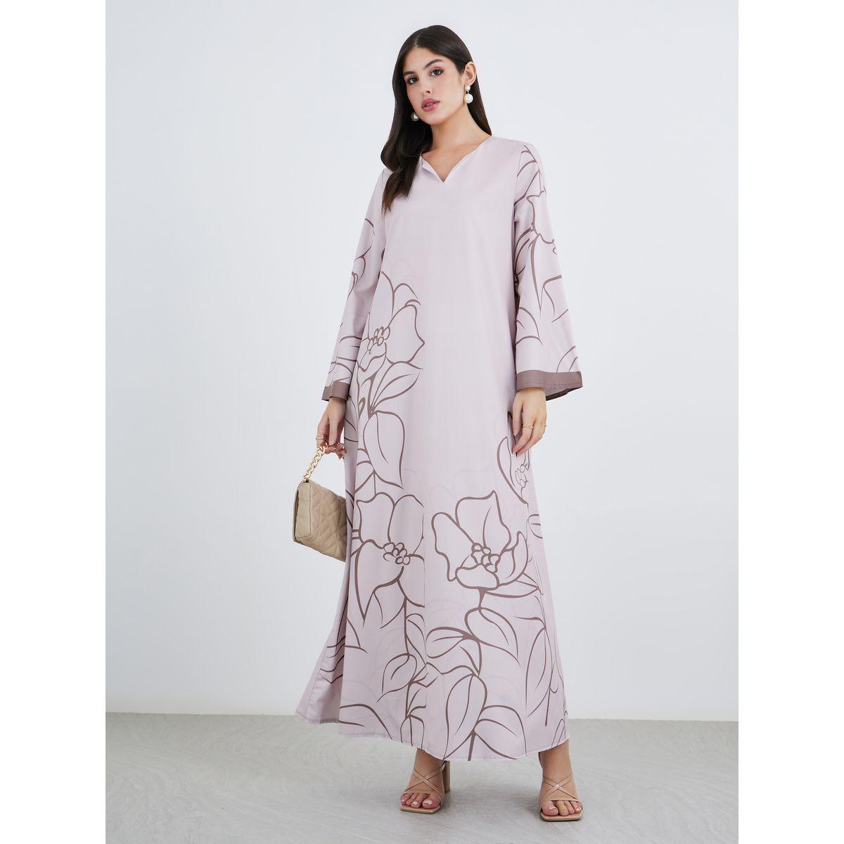 Styli Women Beige Placement Floral Print Jalabiya with Contrast Sleeve Cuff-women-arabicclothing-jalabiyas-image-2