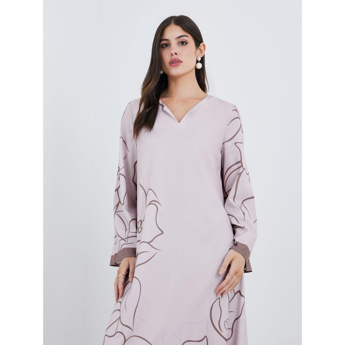 جلابية بطبعة زهور مع تفاصيل مُتباينة على الأكمام-women-arabicclothing-jalabiyas-image-3