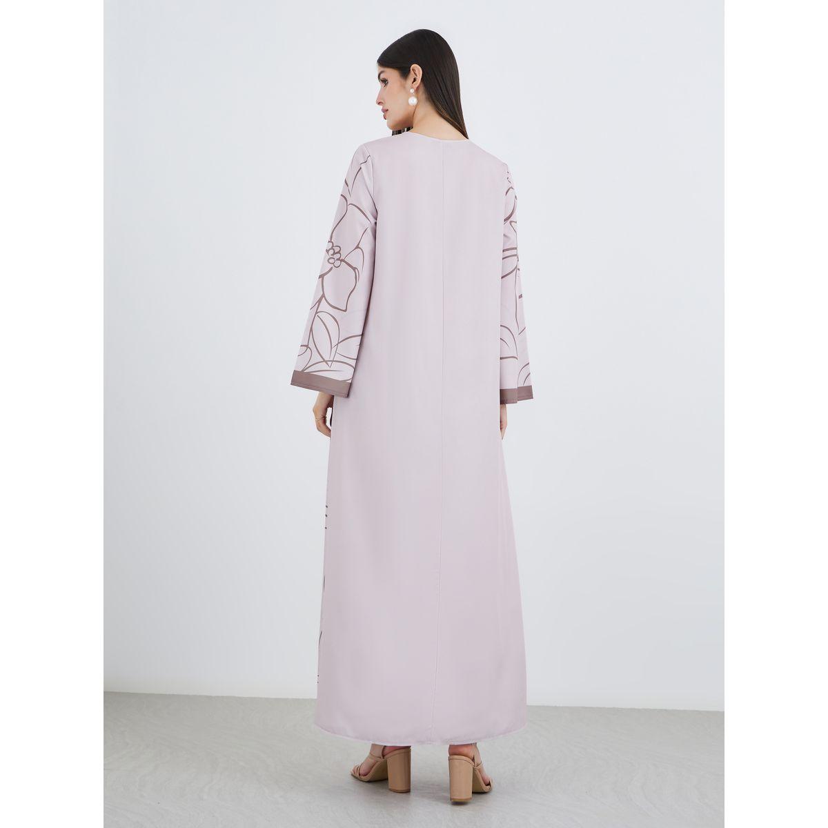Styli Women Beige Placement Floral Print Jalabiya with Contrast Sleeve Cuff-women-arabicclothing-jalabiyas-image-5