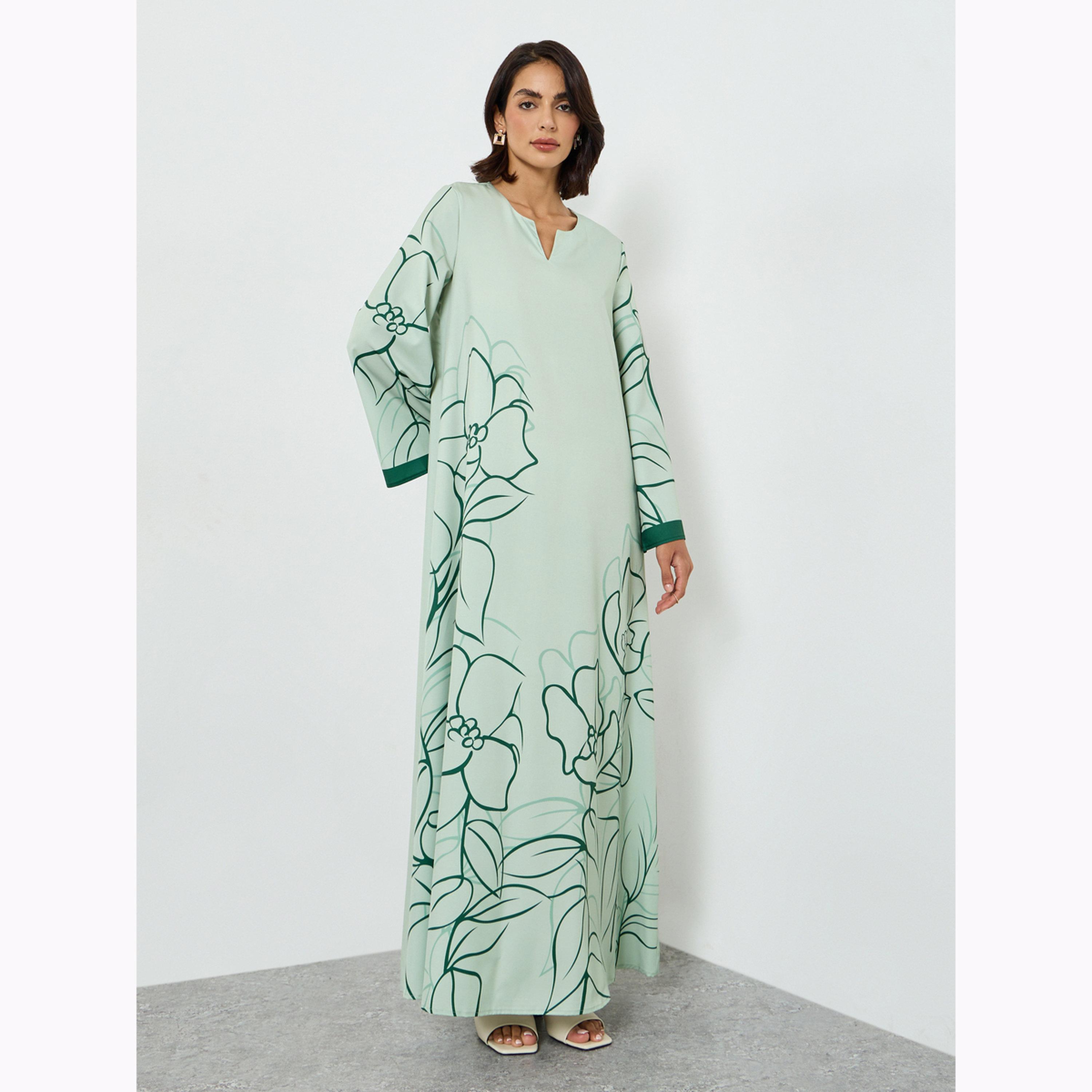 Amirah X Styli Green Floral Print A-Line Jalabiya-women-arabicclothing-jalabiyas-image-1