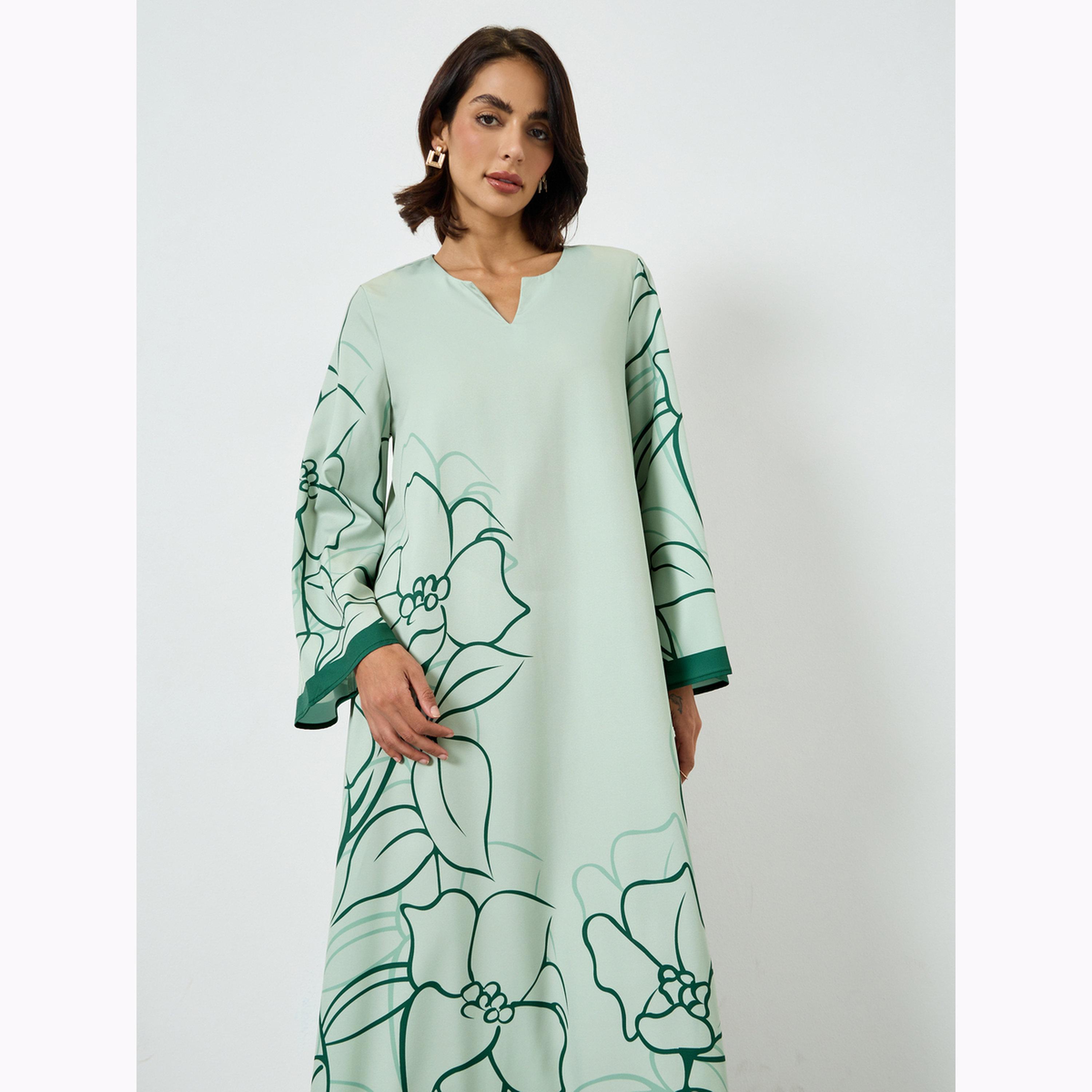 Amirah X Styli Green Floral Print A-Line Jalabiya-women-arabicclothing-jalabiyas-image-2