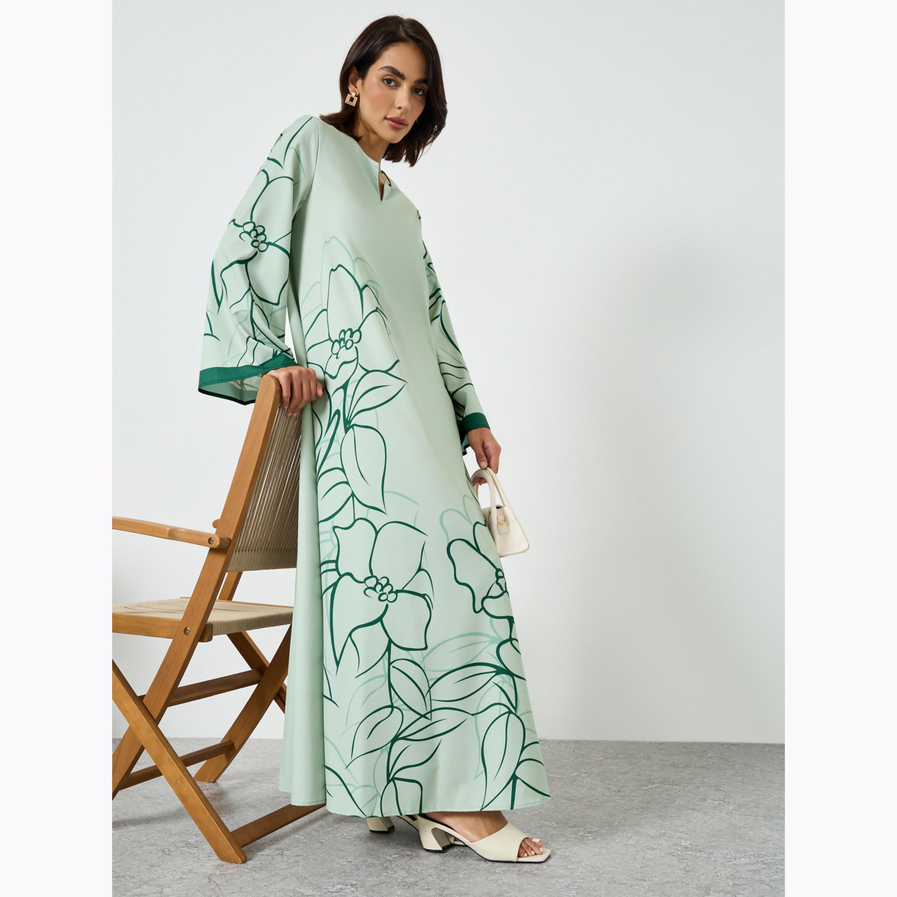 جلابية بحافة واسعة وطبعة زهور-women-arabicclothing-jalabiyas-image-3