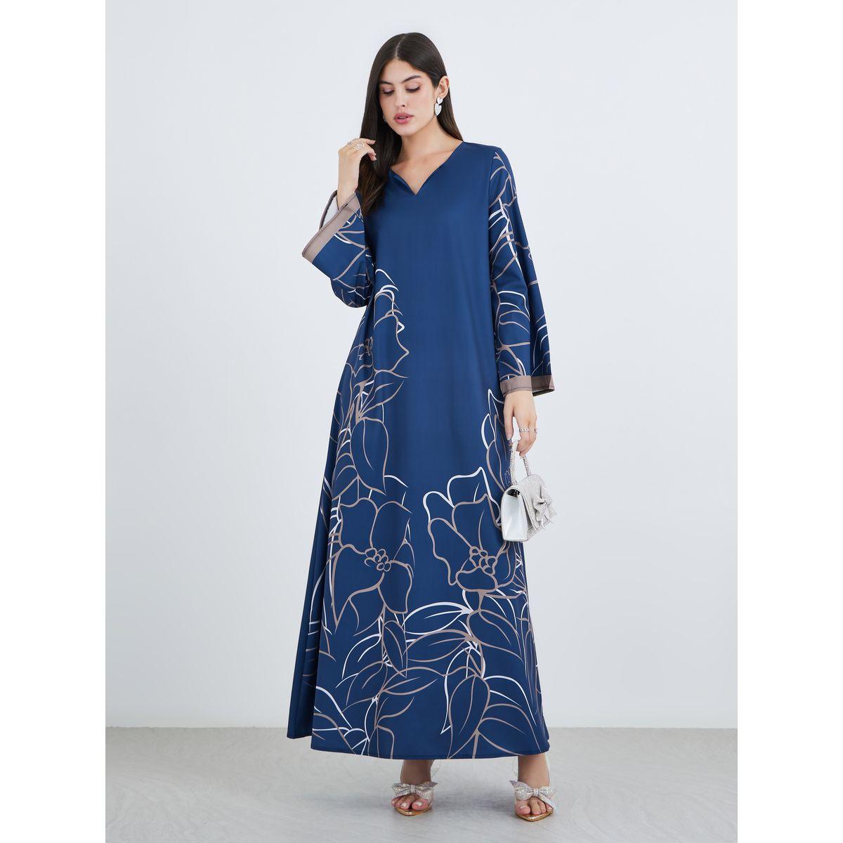 أميرة x ستايلي جلابية بطبعة زهور مع تفاصيل مُتباينة على الأكمام-women-arabicclothing-jalabiyas-image-1