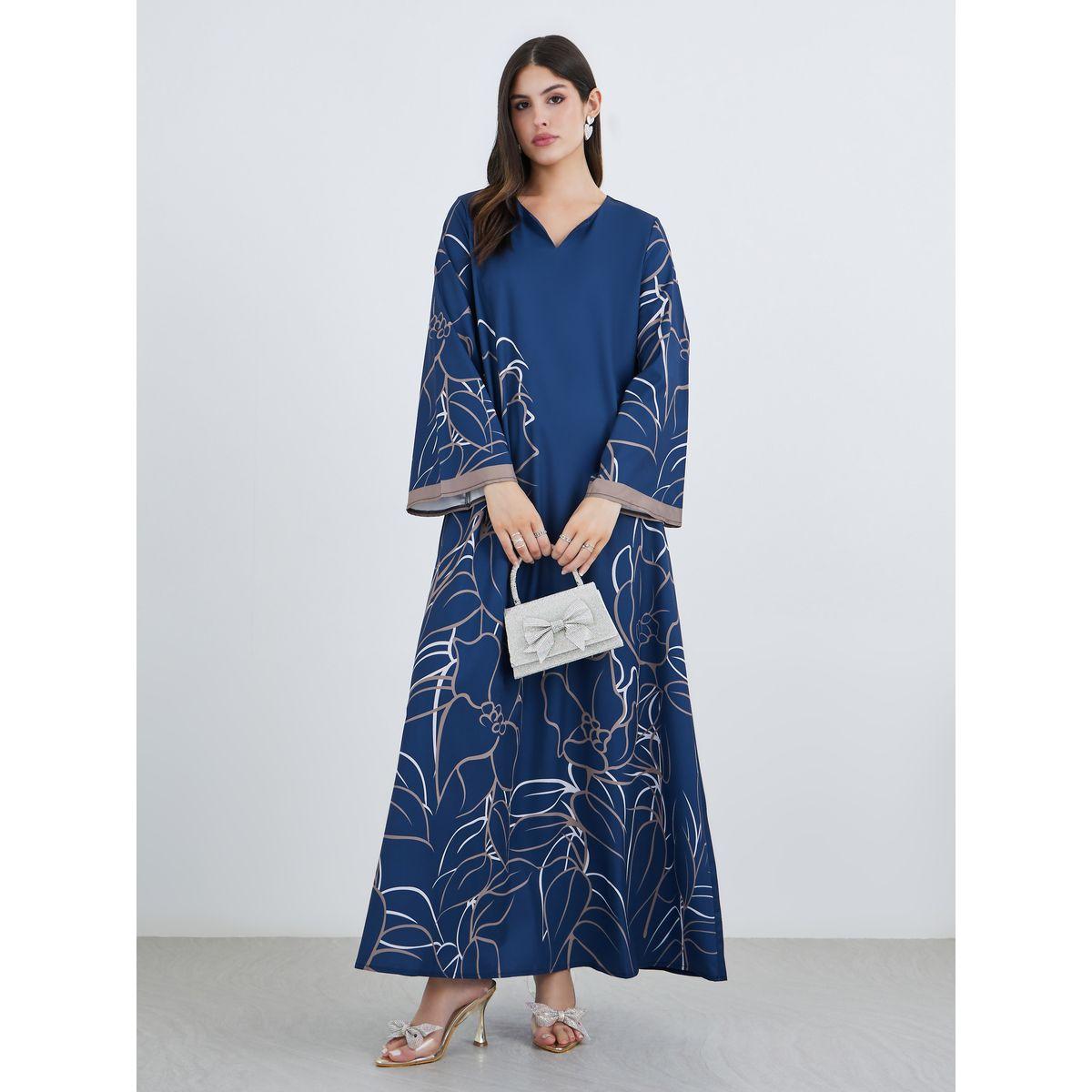 أميرة x ستايلي جلابية بطبعة زهور مع تفاصيل مُتباينة على الأكمام-women-arabicclothing-jalabiyas-image-2