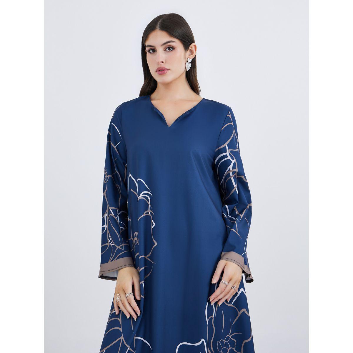 أميرة x ستايلي جلابية بطبعة زهور مع تفاصيل مُتباينة على الأكمام-women-arabicclothing-jalabiyas-image-3