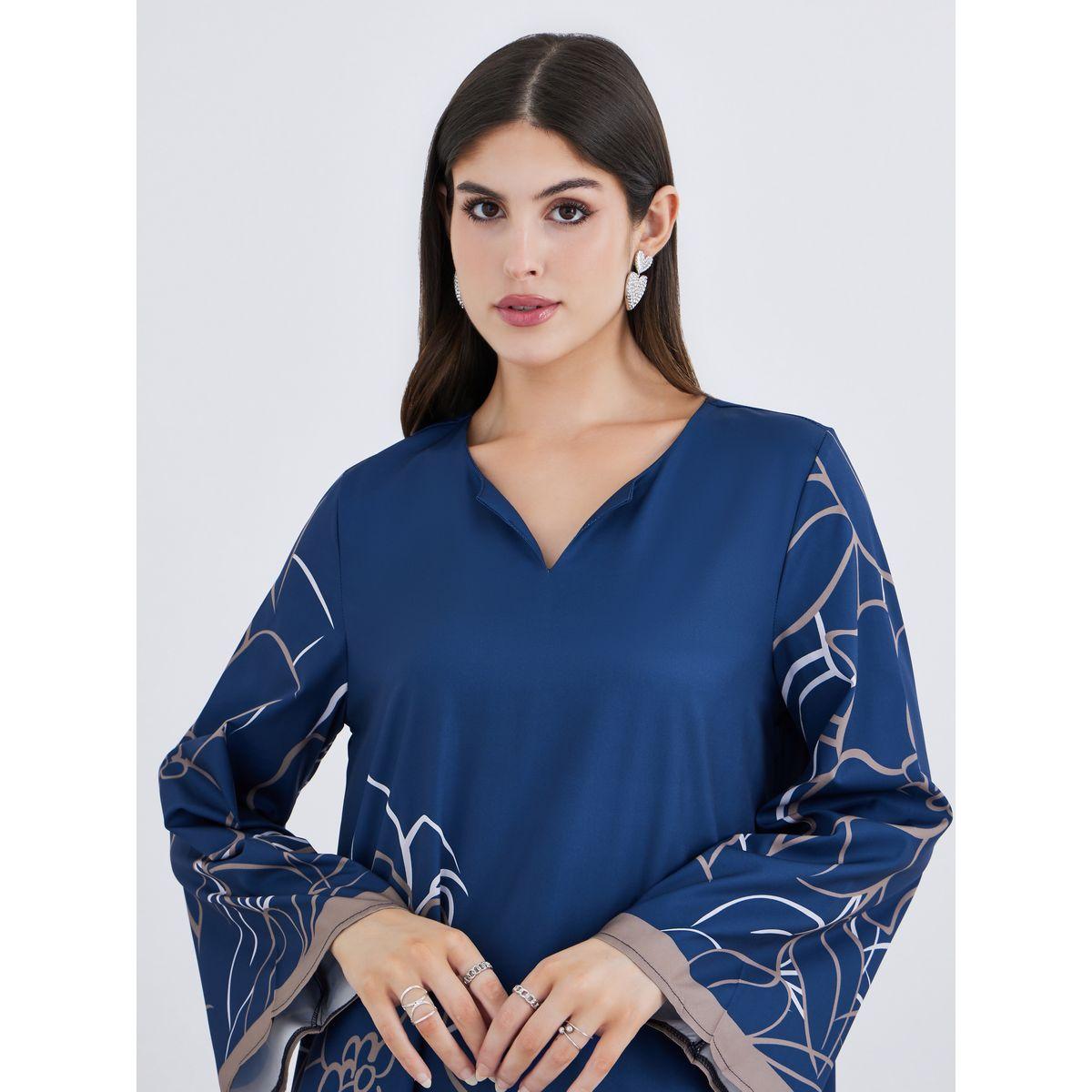 أميرة x ستايلي جلابية بطبعة زهور مع تفاصيل مُتباينة على الأكمام-women-arabicclothing-jalabiyas-image-4