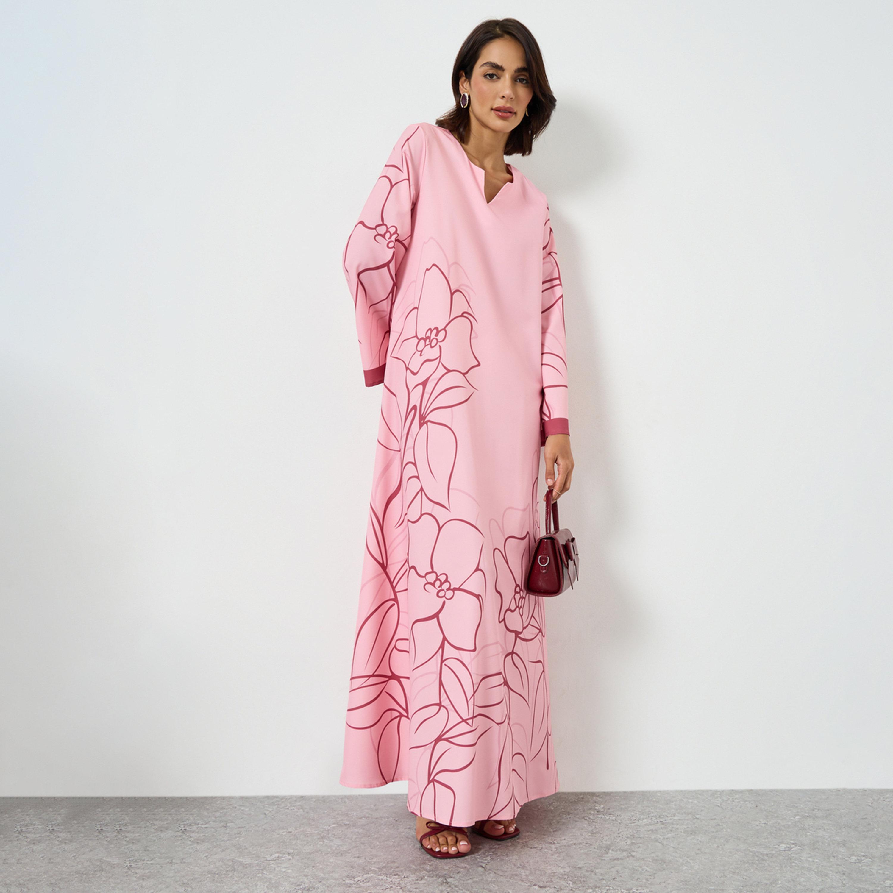 جلابية بحافة واسعة وطبعة زهور-women-arabicclothing-jalabiyas-image-1