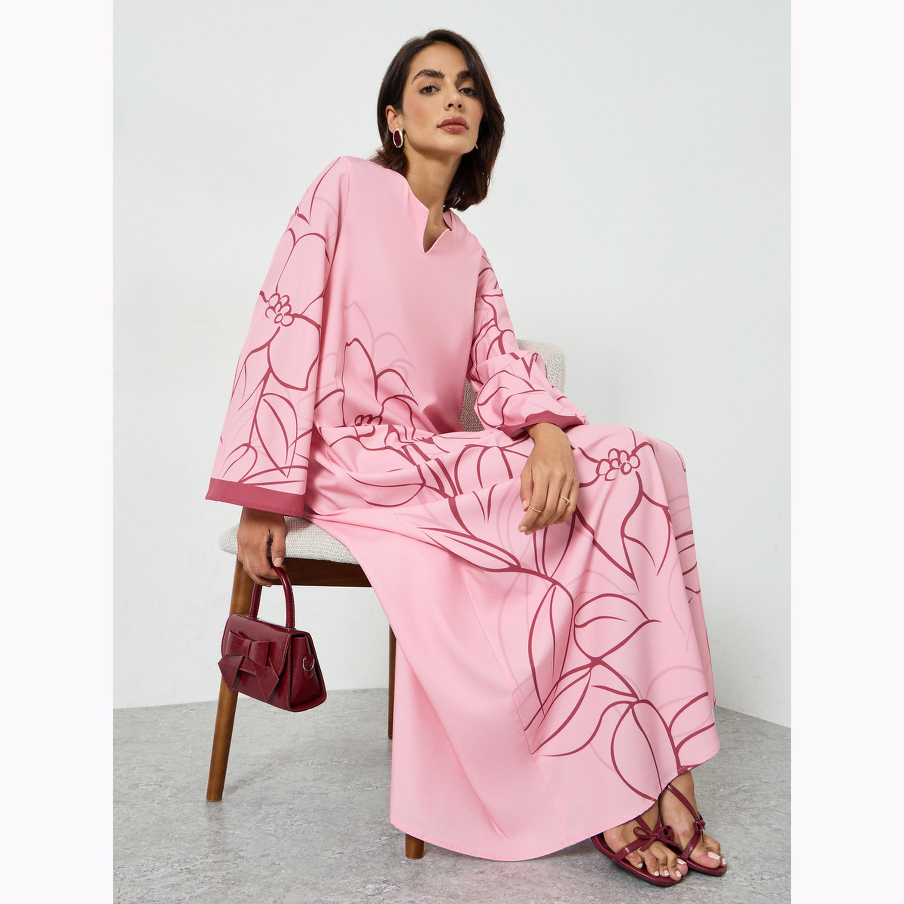 جلابية بحافة واسعة وطبعة زهور-women-arabicclothing-jalabiyas-image-2