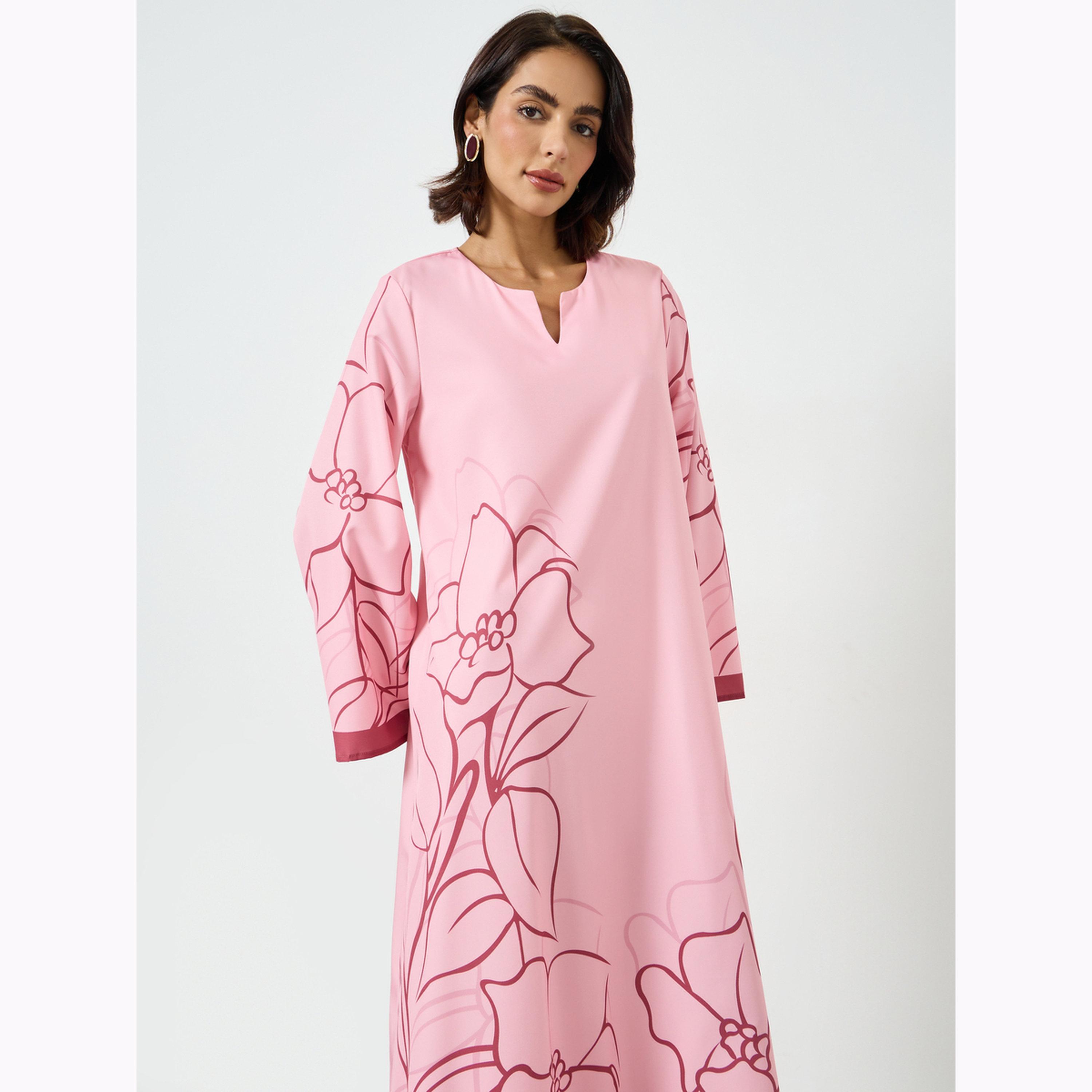 جلابية بحافة واسعة وطبعة زهور-women-arabicclothing-jalabiyas-image-3