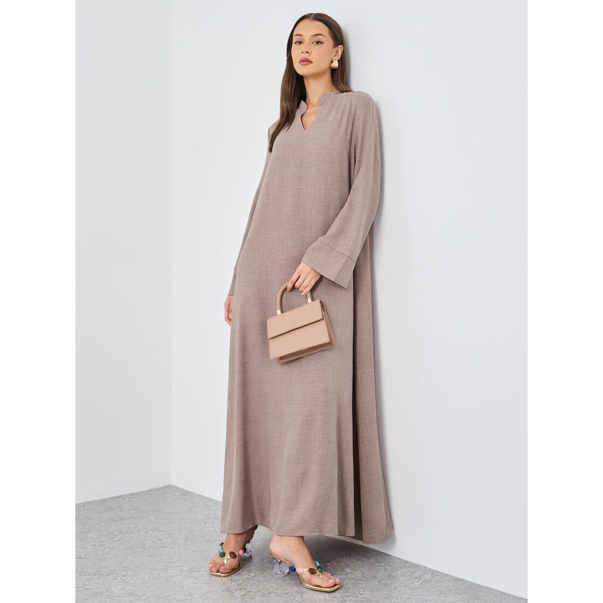 Styli Women Brown Linen Look Collared Jalabiya-women-arabicclothing-jalabiyas-image-1