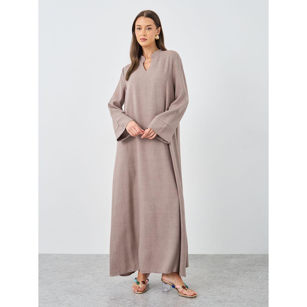 Styli Women Brown Linen Look Collared Jalabiya-women-arabicclothing-jalabiyas-image-2