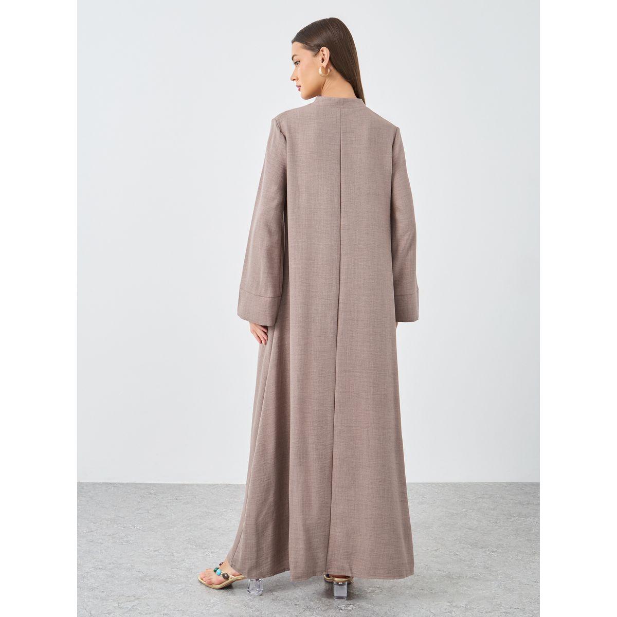 Styli Women Brown Linen Look Collared Jalabiya-women-arabicclothing-jalabiyas-image-5