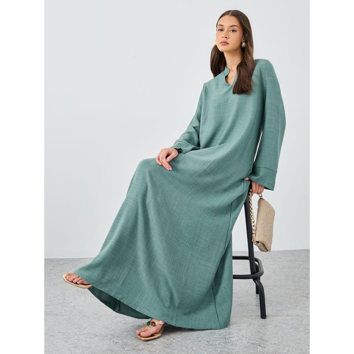Amirah X Styli Women Green Linen Look Collared Jalabiya-women-arabicclothing-jalabiyas-image-1