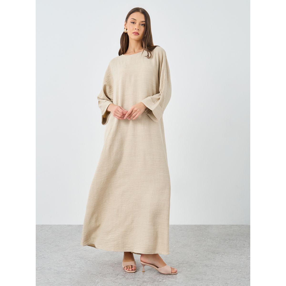 Styli Women Beige Plain Batwing Sleeve Jalabiya-women-arabicclothing-jalabiyas-image-2
