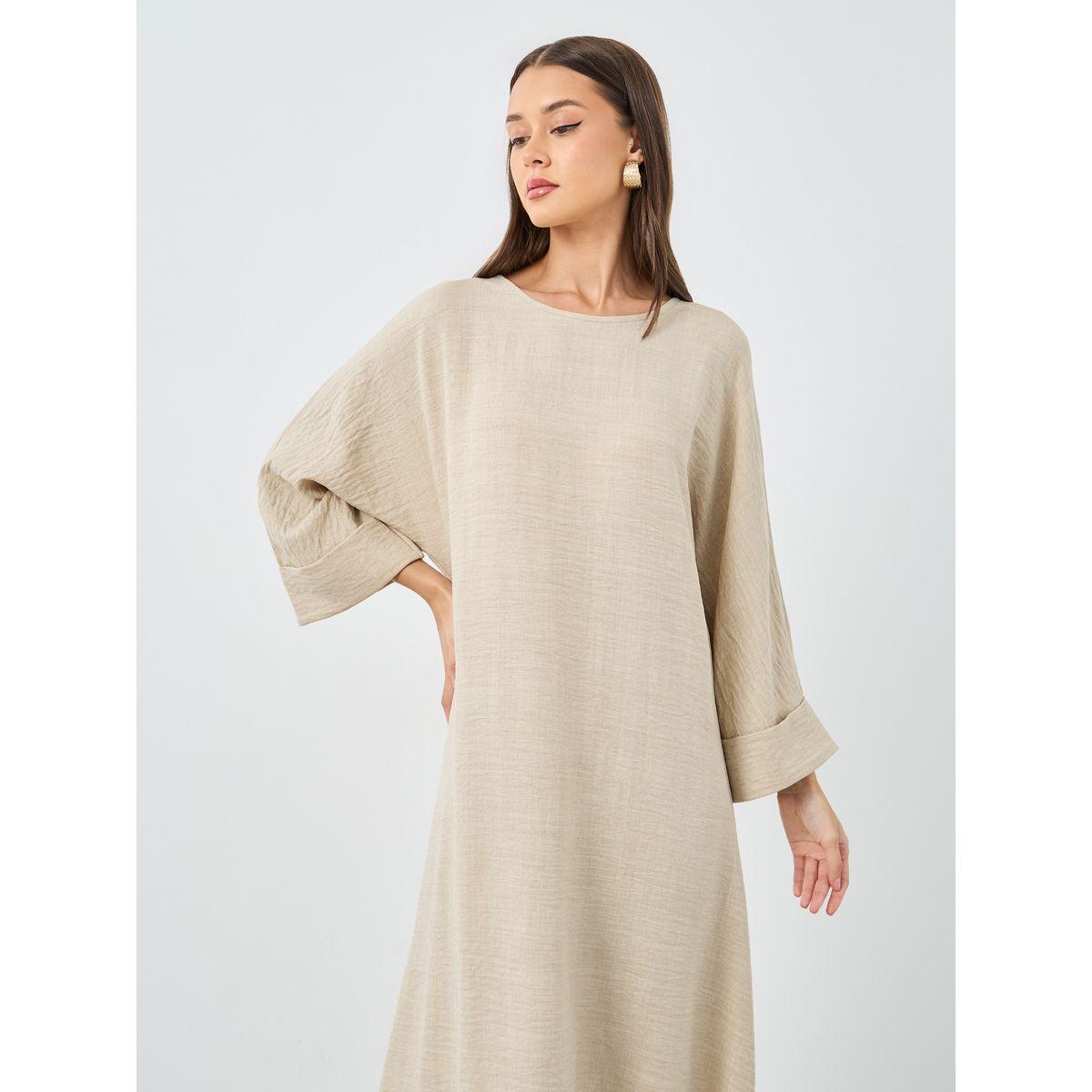 Styli Women Beige Plain Batwing Sleeve Jalabiya-women-arabicclothing-jalabiyas-image-3
